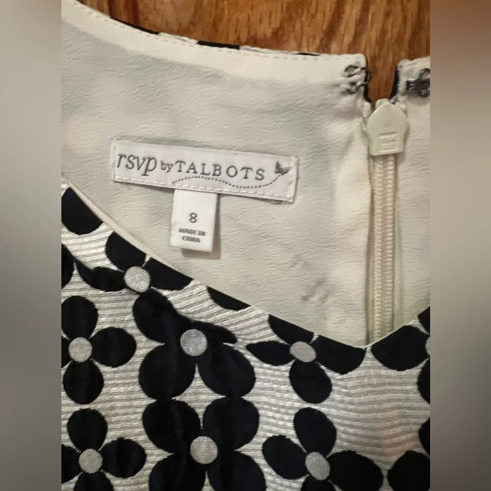 RSVP by Talbots Navy Blue & White Jacquard Daisy-Print Fit‎ & Flare Dress Size 8